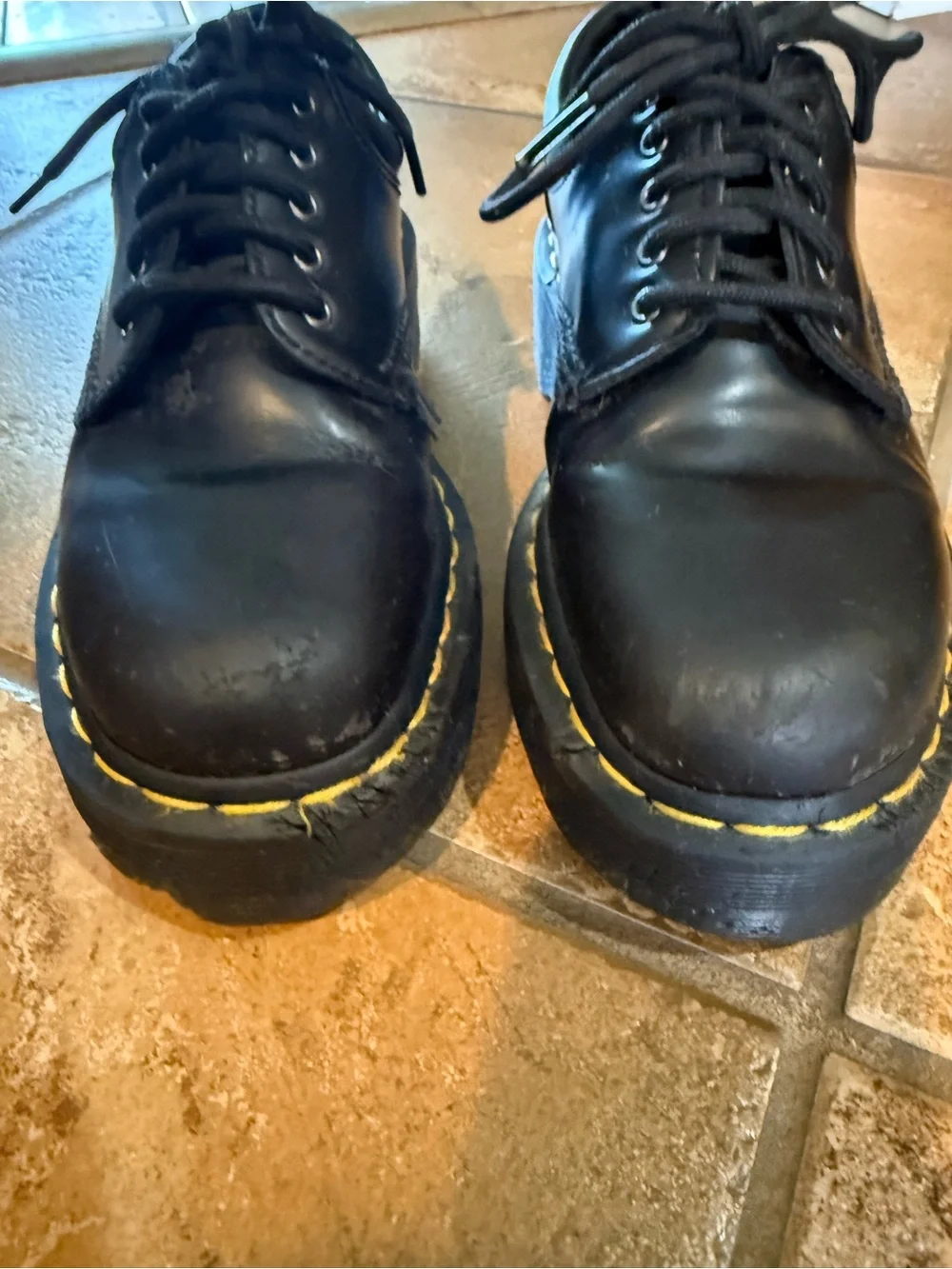 Dr. Martens Black Leather Lace-Up Shoes with Yellow Stitching